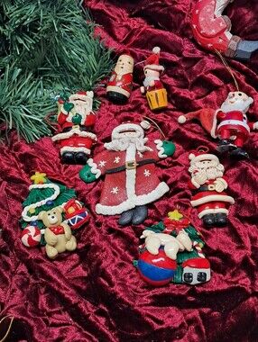 Vintage Wood And Molded Clay Assorted Santa & Christmas Ornaments ' 70sAnd '80s